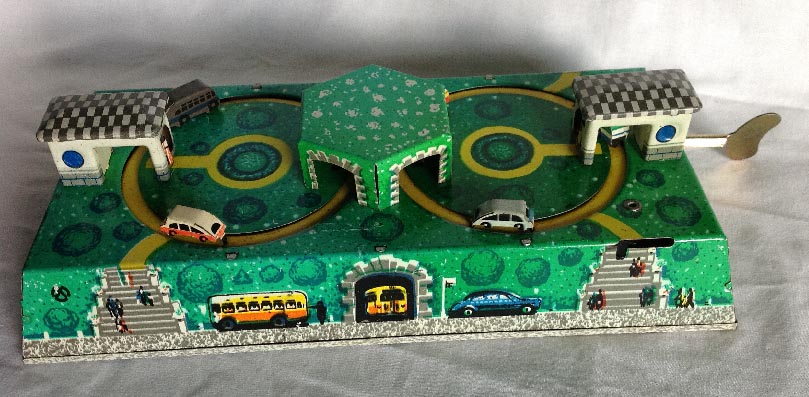1970's-80's USSR made tinplate clock work wind up bus station road toy